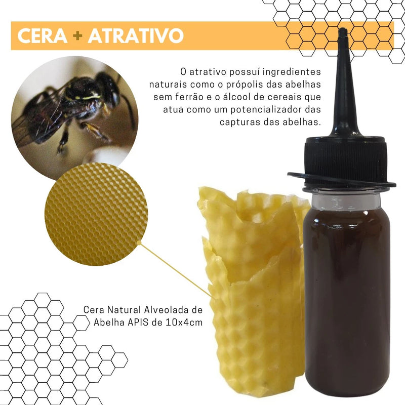 Caixa de Abelhas Mirim Inpa 10x10cm + Atrativo Captura 50ml + Cera