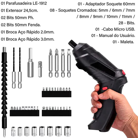 Parafusadeira Furadeira Chave de Fenda Elétrica Kit 48 Peças Portátil Sem Fio 3.6 voltz  1300mAh