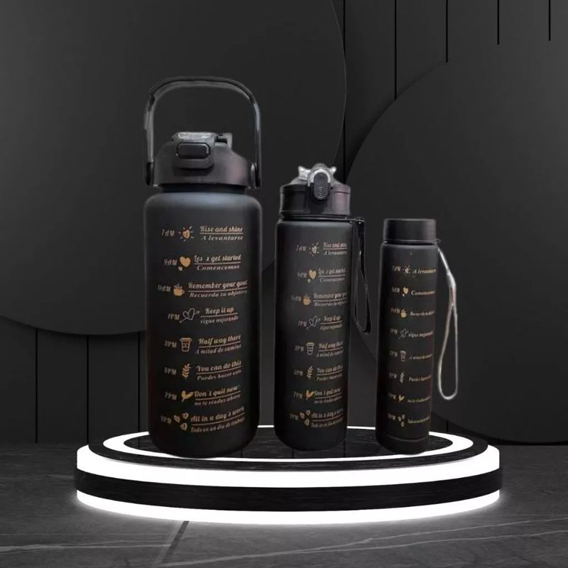 Kit da Garrafa PRETO de Água Squeeze Motivacional Com Adesivos 300ML+900ML+2000ML Jorge