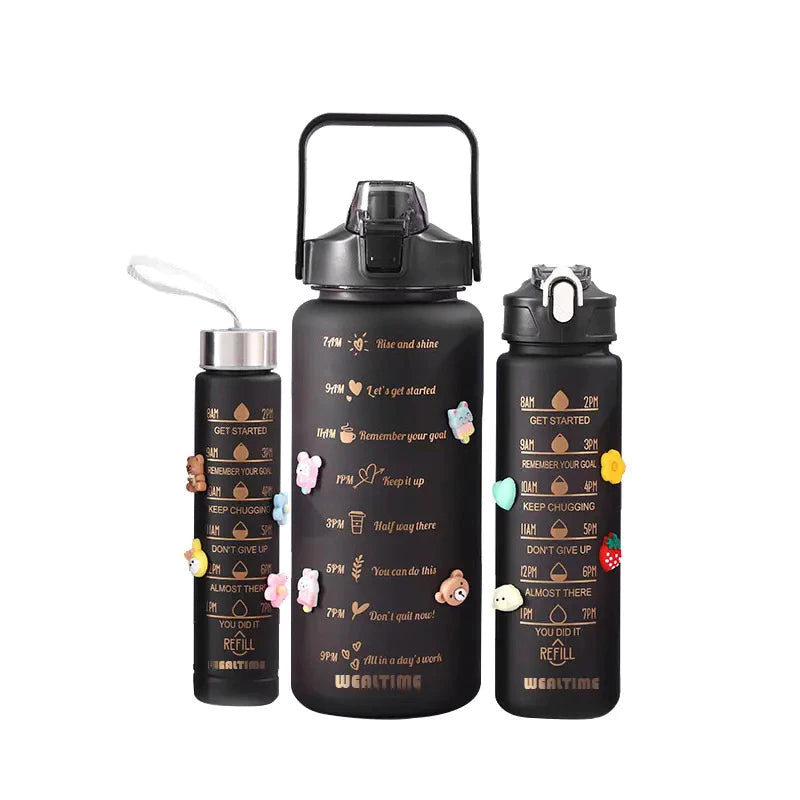 Kit da Garrafa PRETO de Água Squeeze Motivacional Com Adesivos 300ML+900ML+2000ML Jorge