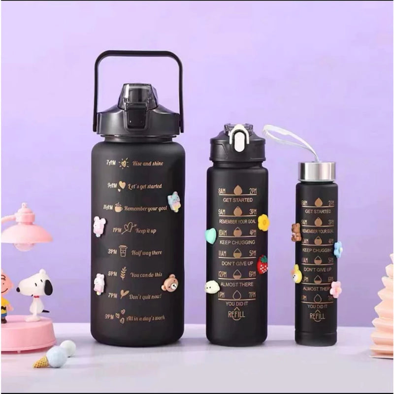 Kit da Garrafa PRETO de Água Squeeze Motivacional Com Adesivos 300ML+900ML+2000ML Jorge